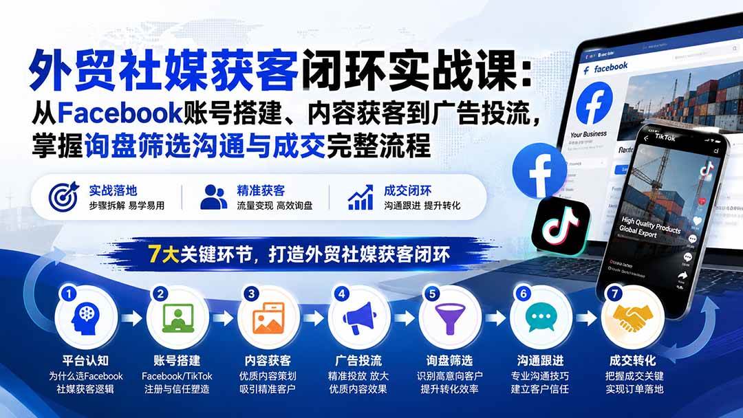 (20318期)外贸社媒获客闭环实战课:从Facebook账号搭建、内容获客到广告投流,掌握询盘筛选沟通与成交完整流程-龙部落