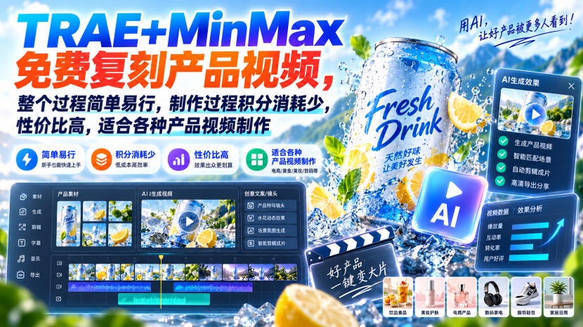 TRAE+MinMax免费复刻产品视频，整个过程简单易行，制作过程积分消耗少，性价比高，适合各种产品视频制作-龙部落