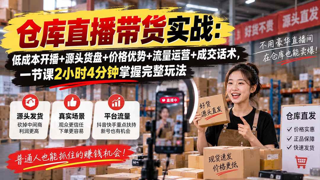 （20471期）仓库直播带货实战：低成本开播+源头货盘+价格优势+流量运营+成交话术，一节课2小时4分钟掌握完整玩法-龙部落