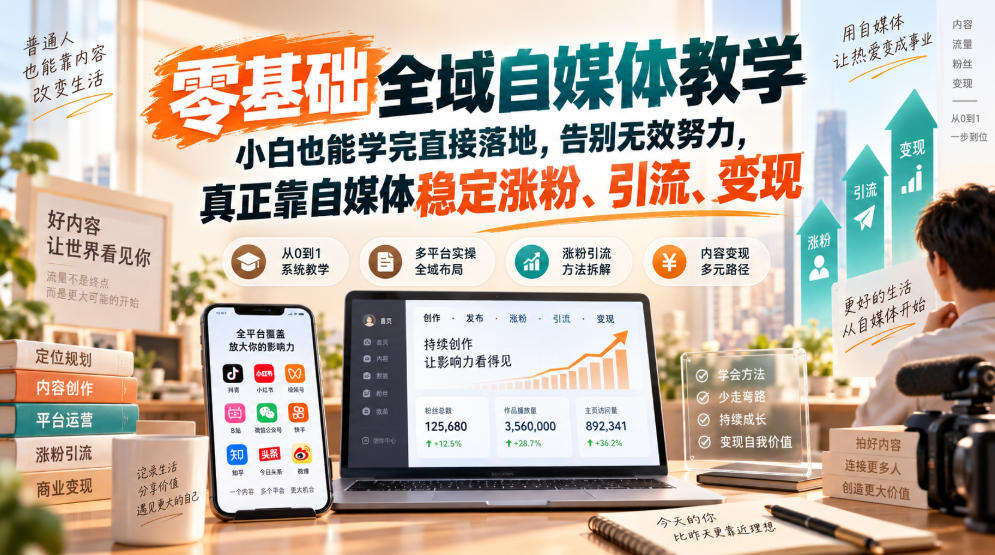 零基础全域自媒体教学，小白也能学完直接落地，告别无效努力，真正靠自媒体稳定涨粉、引流、变现-龙部落