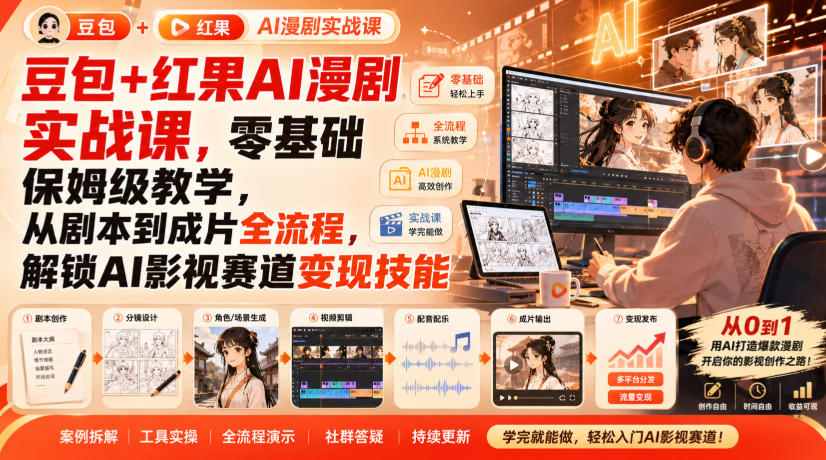 豆包+红果AI漫剧实战课，零基础保姆级教学，从剧本到成片全流程，解锁AI影视赛道变现技能-龙部落