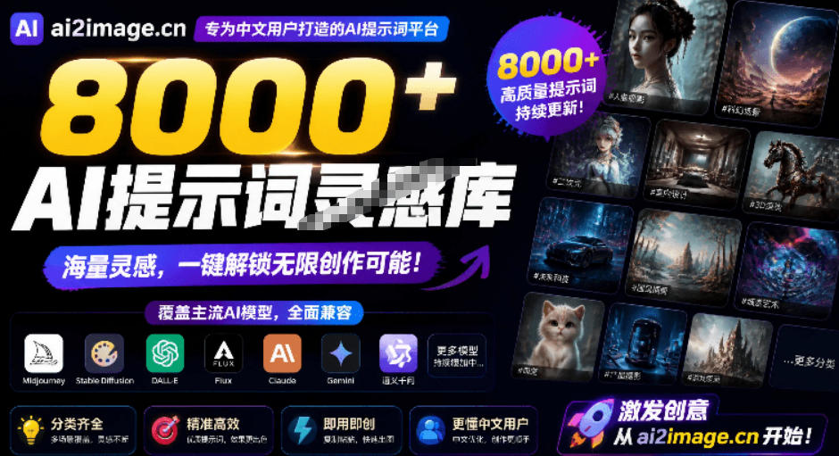 8000+AI提示词灵感库,覆盖图像生成和AI视频两大方向!专为中文创作者设计,完全免费使用AI2Image
