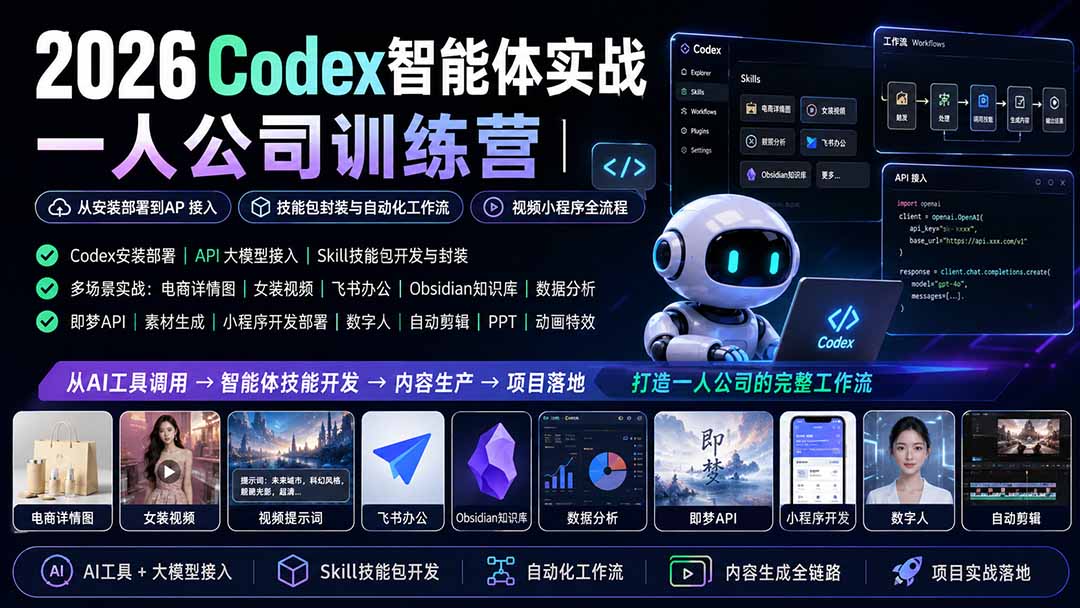 2026Codex智能体实战｜一人公司训练营｜从安装部署到API接入｜技能包封装与自动化工作流｜视频小程序全流程-龙部落