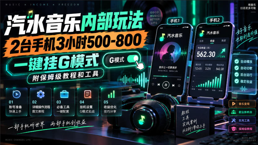 汽水音乐内部玩法，2台手机3小时500-800，一键挂G模式，附保姆级教程和工具【揭秘】-龙部落