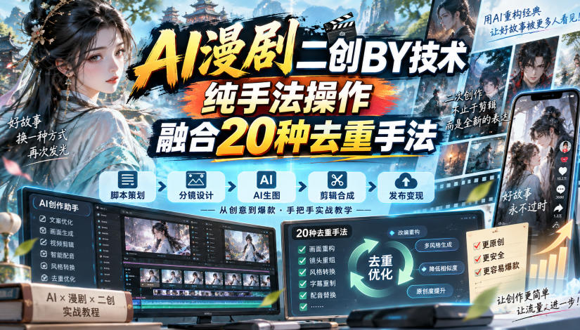 AI漫剧二创搬运技术,纯手法操作,融合20种去重手法-龙部落