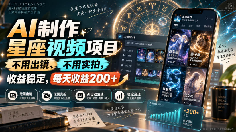 AI制作星座视频项目，不用出镜、不用实拍，收益稳定，每天收益200+-龙部落