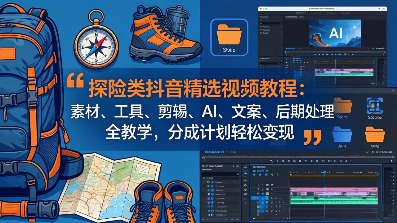 探险类抖音精选视频教程：素材、工具、剪辑、AI、文案、后期处理全教学，分成计划轻松变现-龙部落