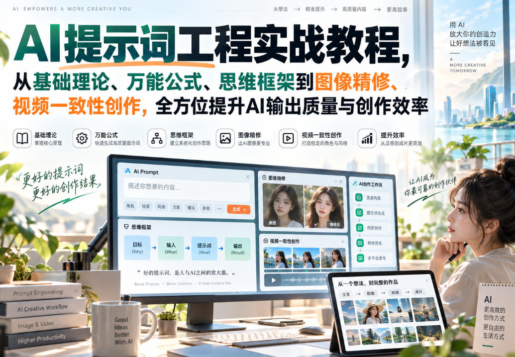 AI提示词工程实战教程，从基础理论、万能公式、思维框架到图像精修、视频一致性创作，全方位提升AI输出质量与创作效率-龙部落