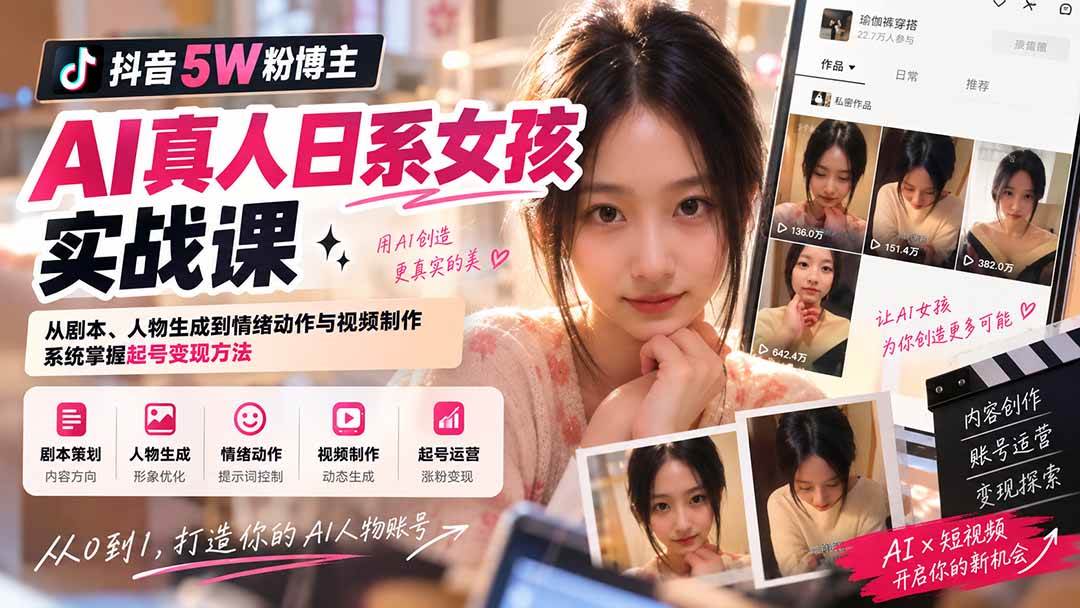(20387期)抖音5W粉博主AI真人日系女孩实战课:从剧本、人物生成到情绪动作与视频制作,系统掌握起号变现方法 (20387期)抖音5W粉博主AI真人日系女孩实战课:从剧本、人物生成到情绪动作与视频制作,系统掌握起号变现方法