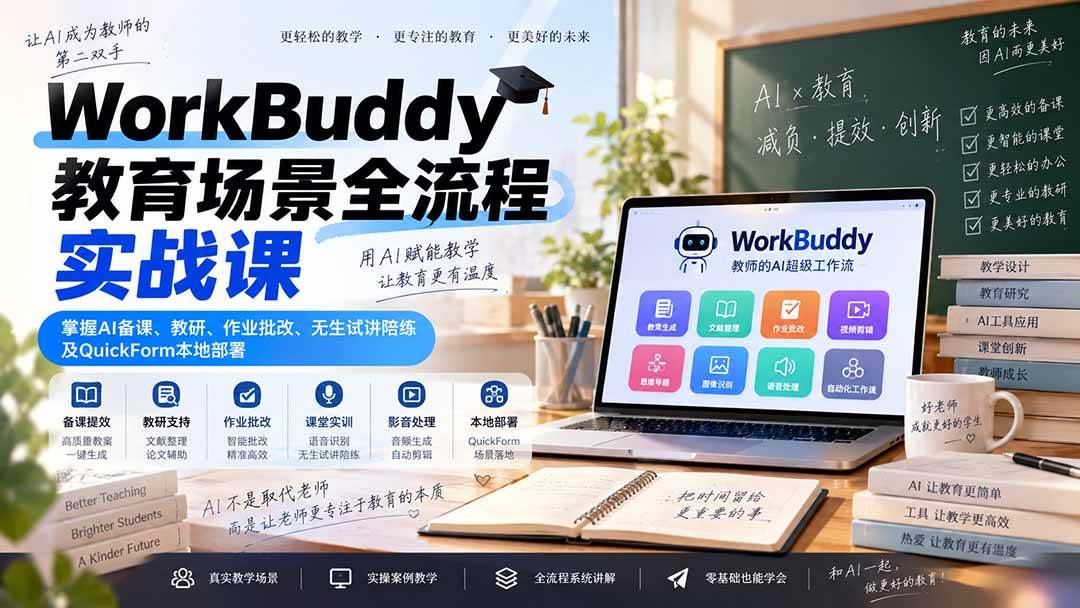 (20518期)WorkBuddy教育场景全流程实战课:掌握AI备课、教研、作业批改、无生试讲陪练及QuickForm本地部署-龙部落