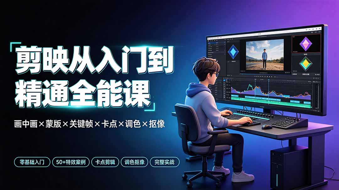 剪映从入门到精通全能课:画中画×蒙版×关键帧×卡点×调色×抠像,一站式掌握剪辑核心技能-龙部落