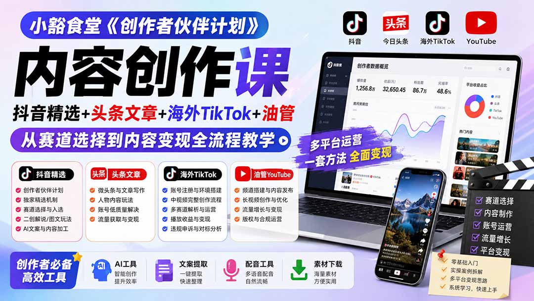 小豁食堂《创作者伙伴计划》内容创作课:抖音精选+头条文章+海外TikTok+油管,从赛道选择到内容变现全流程教学-龙部落
