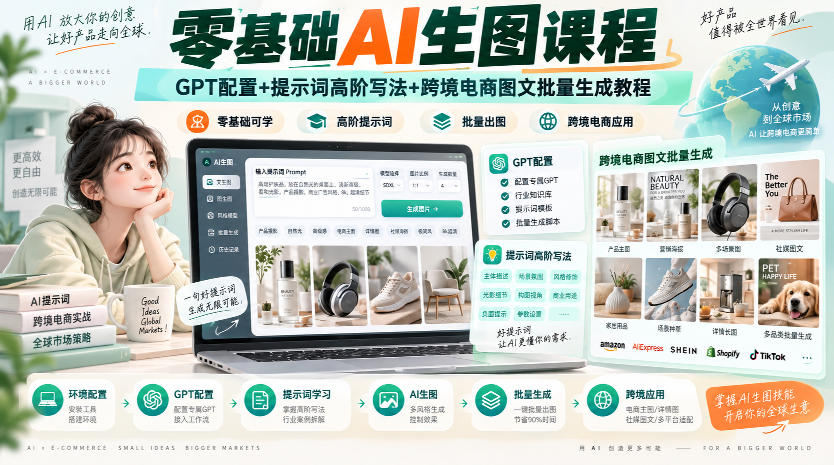零基础AI生图课程，GPT配置+提示词高阶写法+跨境电商图文批量生成教程-龙部落