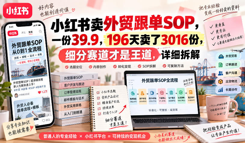 小红书卖外贸跟单sop，一份39.9，196天卖了3016份，细分赛道才是王道，详细拆解-龙部落