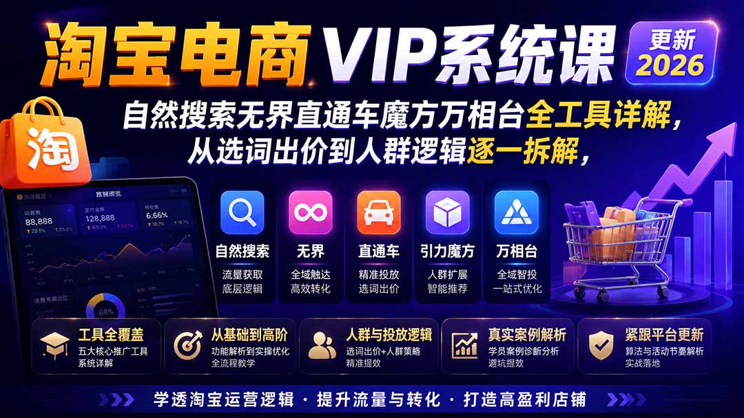 淘宝电商VIP系统课-更新8月；自然搜索无界直通车魔方万相台全工具详解，从选词出价到人群逻辑逐一拆解-龙部落