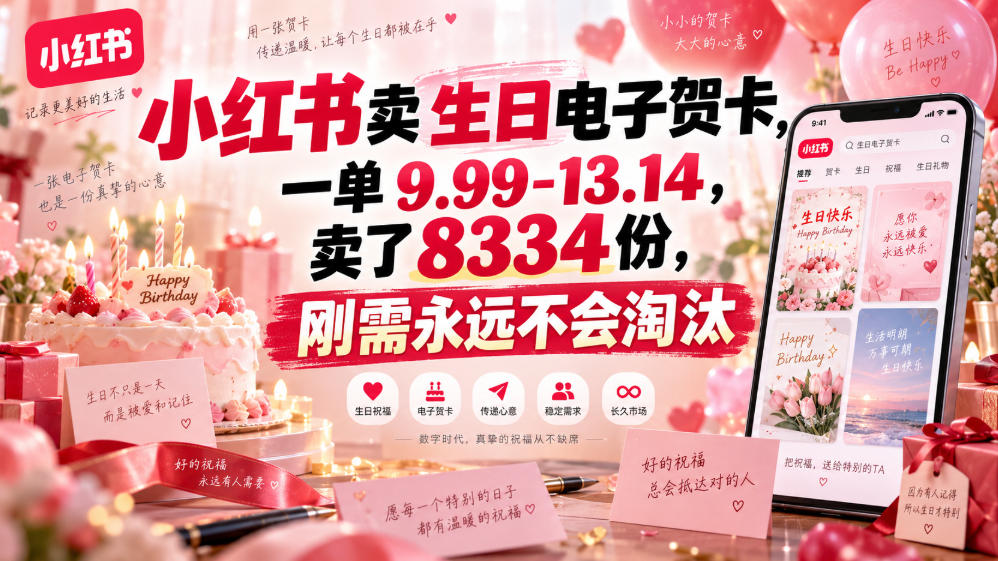 小红书卖生日电子贺卡，一单9.99-13.14，卖了8334份，刚需永远不会淘汰-龙部落