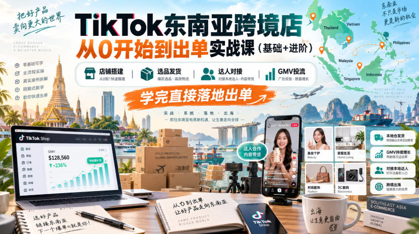 TikTok东南亚跨境店从0开始到出单实战课（基础+进阶），店铺搭建、选品发货、达人对接、GMV投流，学完直接落地出单-龙部落