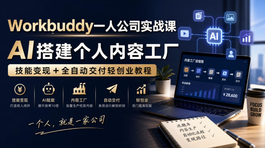 Workbuddy一人公司实战课，AI搭建个人内容工厂，技能变现+全自动交付轻创业教程-龙部落