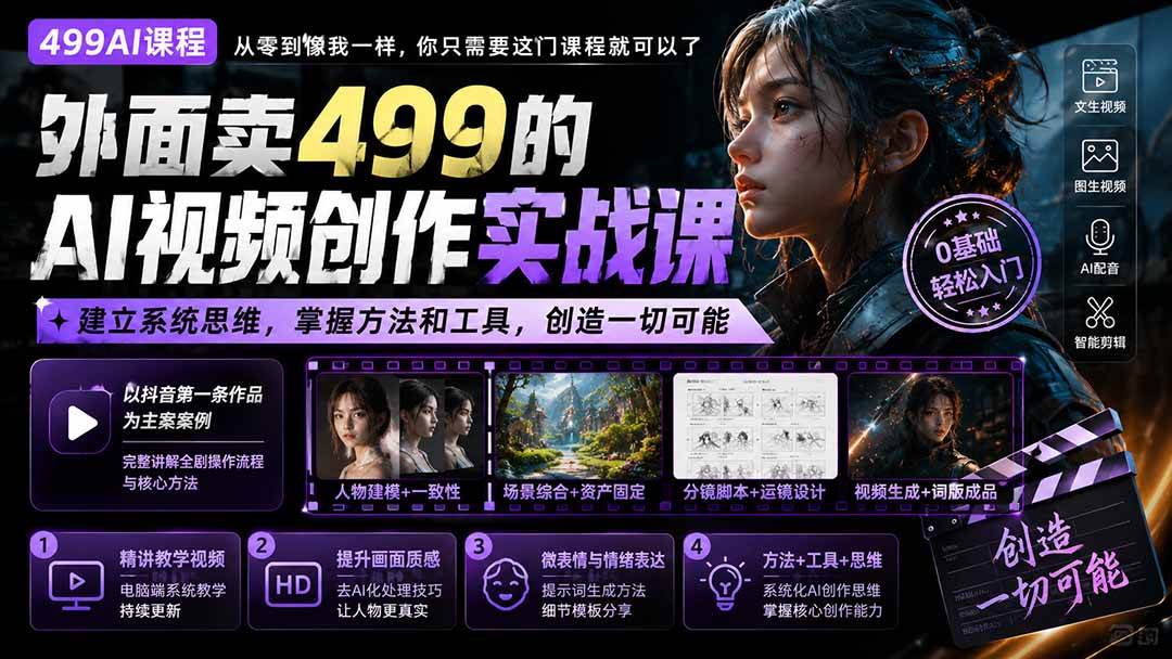 (20307期)外面卖499的AI视频创作实战课:建立系统思维,掌握方法和工具,创造一切可能。-龙部落