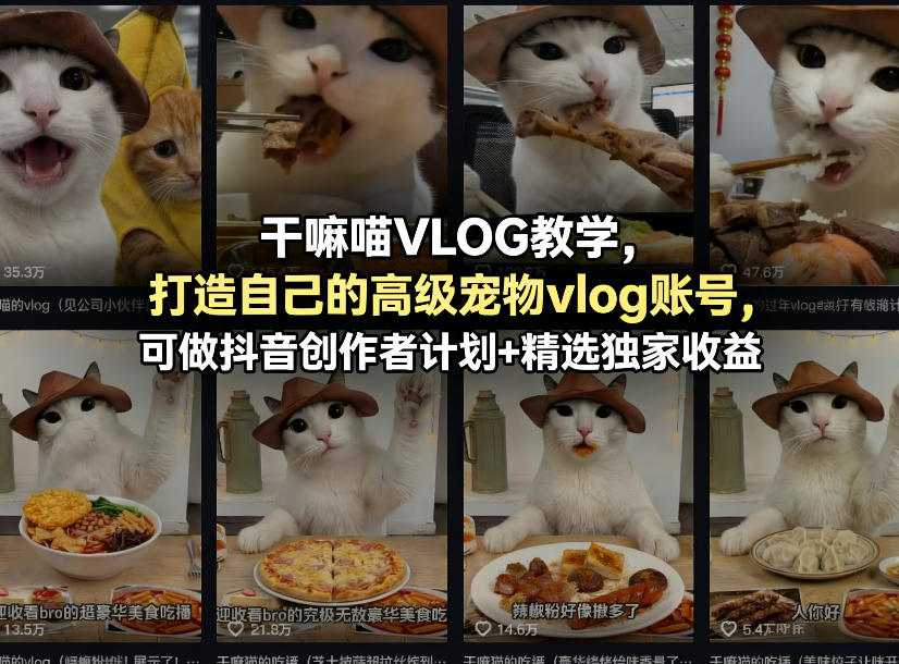 干嘛喵VLOG教学，打造自己的高级宠物vlog账号，可做抖音创作者计划+精选独家收益-龙部落