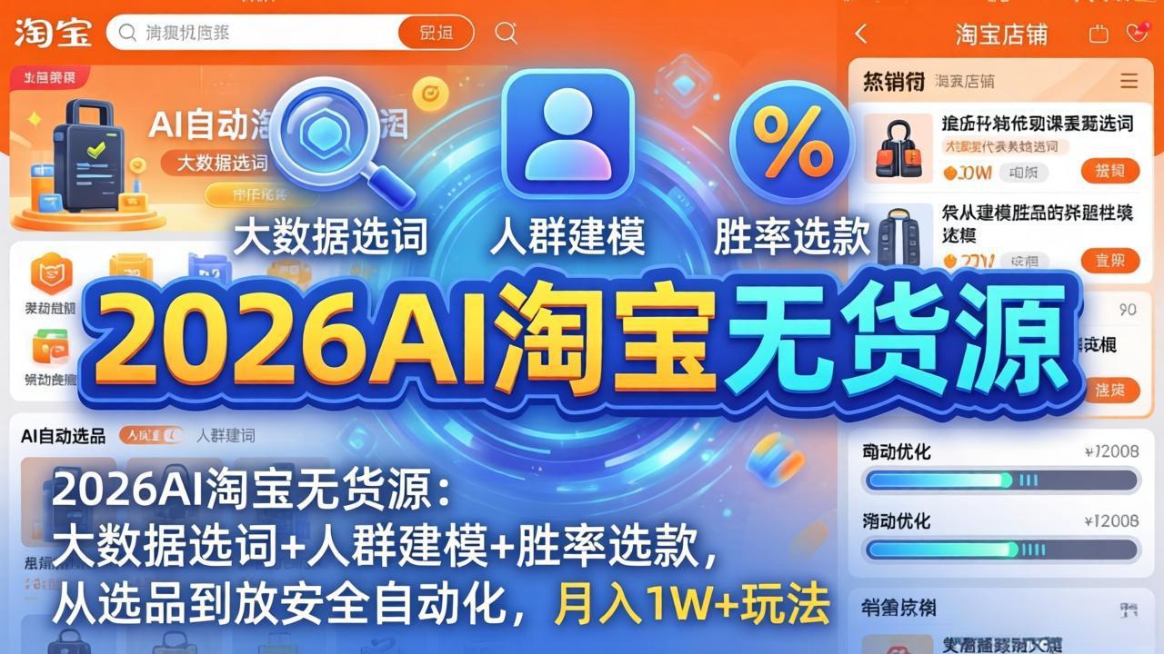 2026AI淘宝无货源：大数据选词+人群建模+胜率选款，从选品到放大全自动化，月入1W+玩法-龙部落