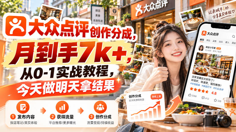 大众点评创作分成,月到手7k+,从0-1实战教程,今天做明天拿结果-龙部落