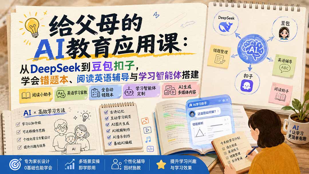 给父母的AI教育应用课：从DeepSeek到豆包扣子，学会错题本、阅读英语辅导与学习智能体搭建-龙部落