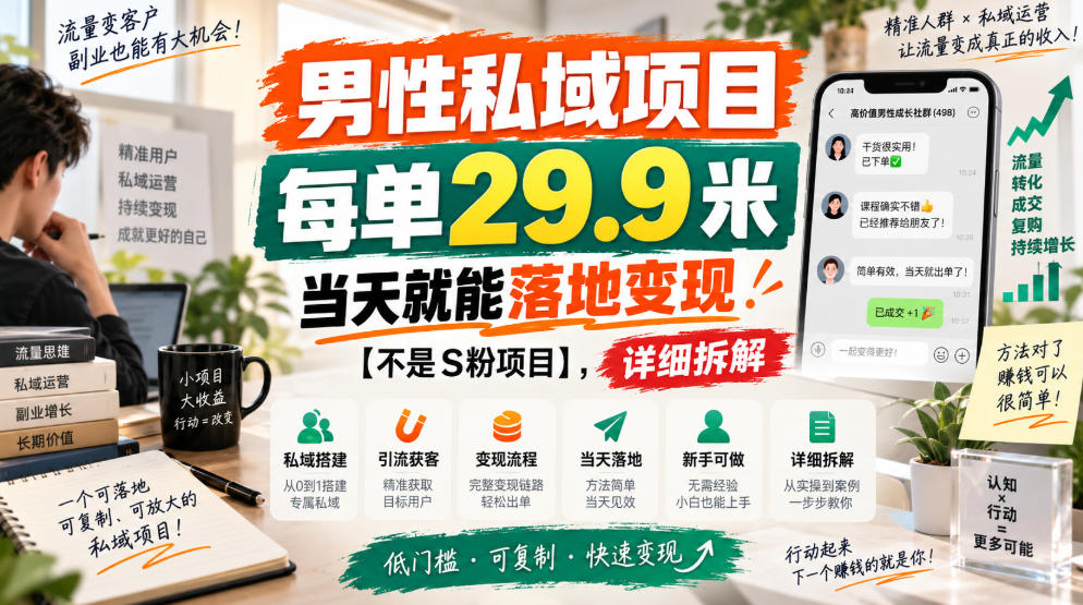 男性私域项目，每单29.9米，当天就能落地变现【不是S粉项目】，详细拆解-龙部落