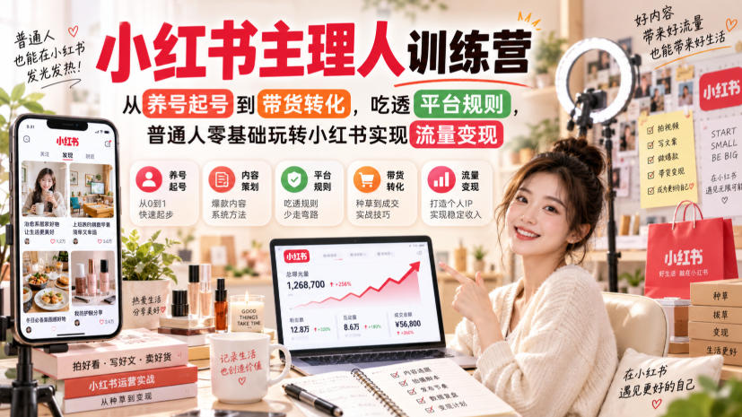 小红书主理人训练营，从养号起号到带货转化，吃透平台规则，普通人零基础玩转小红书实现流量变现-龙部落