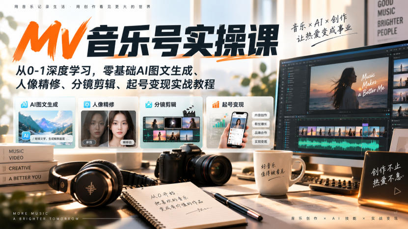 AI MV音乐号实操课,从0-1深度学习,零基础AI图文生成、人像精修、分镜剪辑、起号变现实战教程-龙部落