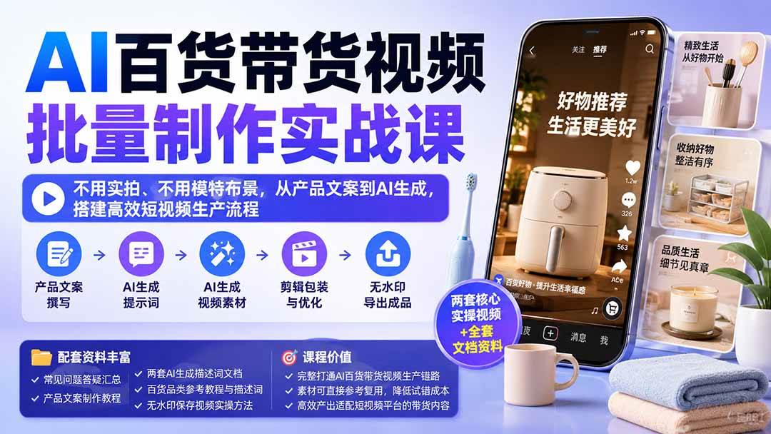 （20179期）AI百货带货视频批量制作实战课：不用实拍、不用模特布景，从产品文案到AI生成，搭建高效短视频生产流程-龙部落