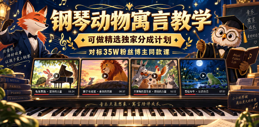 钢琴动物寓言教学,可做精选独家分成计划,对标35W粉丝博主同款课 9月抖音全新精选赛道玩法,10w粉丝博主的动漫钢琴短视频制作教学,制作简单,小白也能轻松解锁抖音精选收益-龙部落