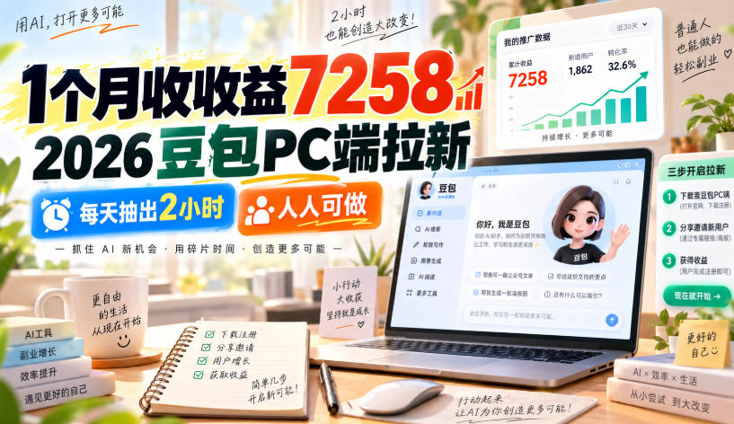 1个月收收益7258,2026豆包PC端拉新,每天抽出2小时,人人可做-龙部落