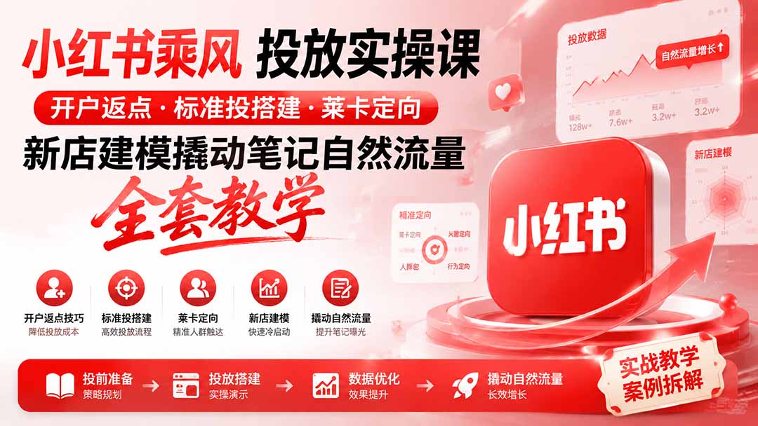 小红书乘风投放-100分钟实操课｜开户返点·标准投搭建·莱卡定向，新店建模撬动笔记自然流量全套教学-龙部落