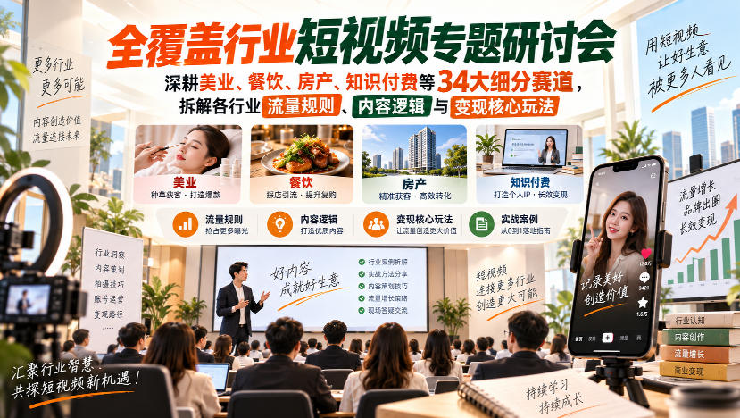 短视频专题研讨会,深耕美业、餐饮、房产、知识付费等34大细分赛道,拆解各行业流量规则、内容逻辑与变现核心玩法-龙部落