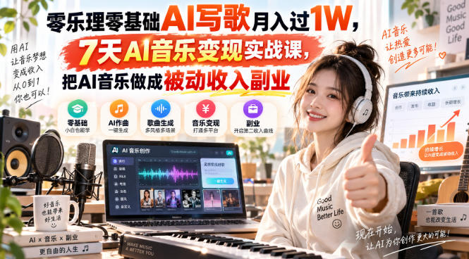 零乐理零基础AI写歌月入过1W,7天AI音乐变现实战课,把AI音乐做成被动收入副业-龙部落