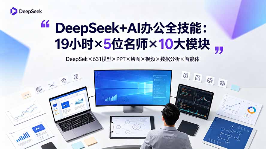 DeepSeek+AI办公全技能：19小时×5位名师×10大模块，DeepSeek×631模型×PPT×绘图×视频×数据分析×智能体-龙部落