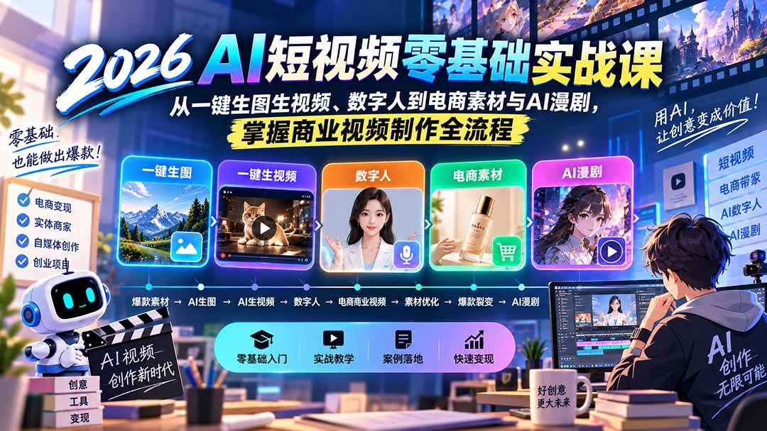 （20263期）2026AI短视频零基础实战课：从一键生图生视频、数字人到电商素材与AI漫剧，掌握商业视频制作全流程-龙部落