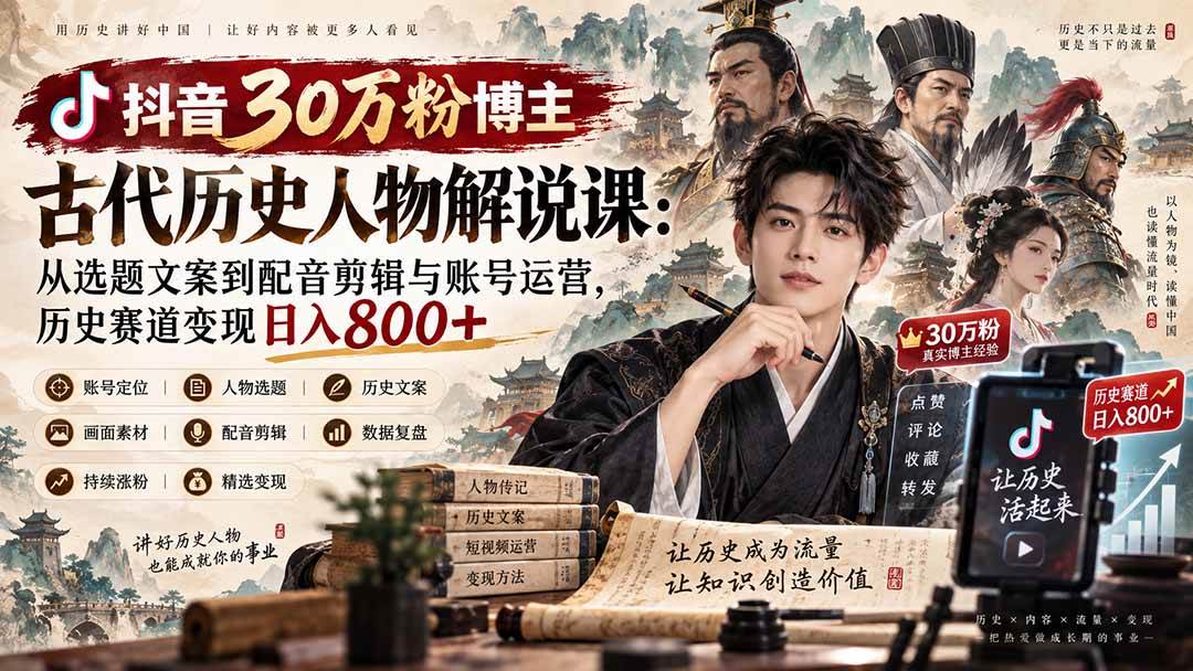 （20441期）抖音30万粉博主古代历史人物解说课：从选题文案到配音剪辑与账号运营，历史赛道变现日入800+-龙部落