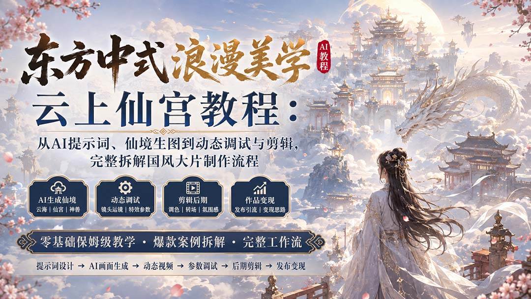 （20147期）东方中式浪漫美学云上仙宫教程：从AI提示词、仙境生图到动态调试与剪辑，完整拆解国风大片制作流程-龙部落