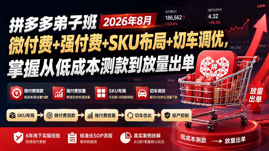 拼多多弟子班2026年8月：微付费+强付费+SKU布局+切车调优，掌握从低成本测款到放量出单-龙部落