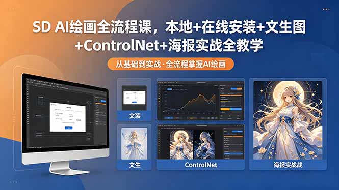 SD AI绘画全流程课,本地+在线安装+文生图+ControlNet+海报实战全教学-龙部落