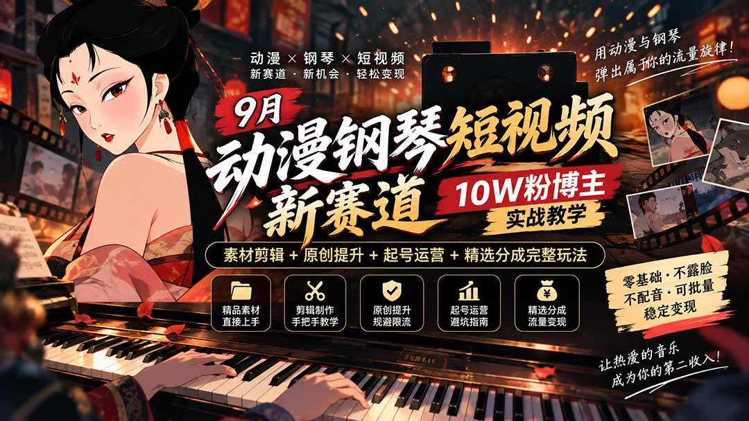 （20506期）9月动漫钢琴短视频新赛道｜10W粉博主实战教学，素材剪辑+原创提升+起号运营+精选分成完整玩法-龙部落