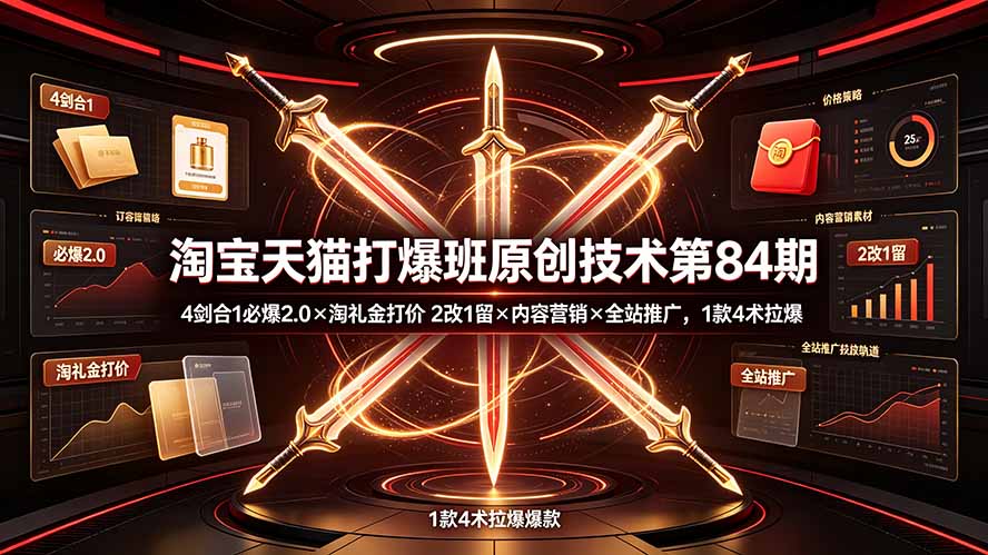 淘宝天猫打爆班原创技术第84期:4剑合1必爆2.0×淘礼金打价×2改1留×内容营销×全站推广,1款4术拉爆-龙部落