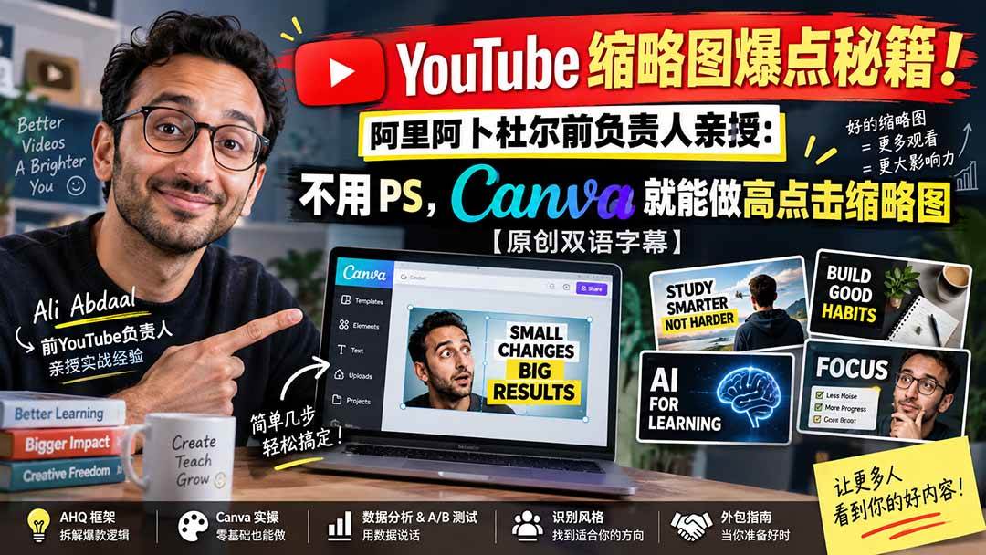 （20474期）YouTube 缩略图爆点秘籍！阿里阿卜杜尔前负责人亲授：不用 PS，Canva 就能做高点击缩略图【原创双语字幕】-龙部落