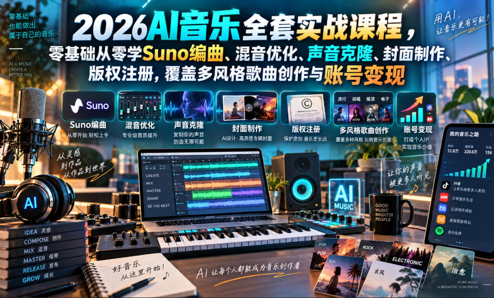 2026AI音乐实战课程,零基础从零学Suno编曲、混音优化、声音克隆、版权注册,覆盖多风格歌曲创作与账号变现(更新0924)-龙部落