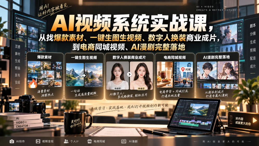 AI视频系统实战课，从找爆款素材、一键生图生视频、数字人换装商业成片，到电商同城视频、AI漫剧完整落地-龙部落
