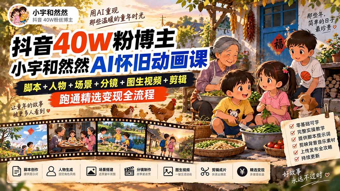 （20549期）抖音40W粉博主小宇和然然AI怀旧动画课｜脚本+人物+场景+分镜+图生视频+剪辑，跑通精选变现全流程