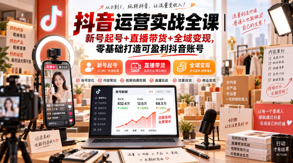 抖音运营实战全课｜新号起号+直播带货+全域变现，零基础打造可盈利抖音账号-龙部落