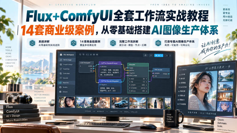 Flux+ComfyUI全套工作流实战教程|14套商业级案例,从零基础搭建AI图像生产体系-龙部落